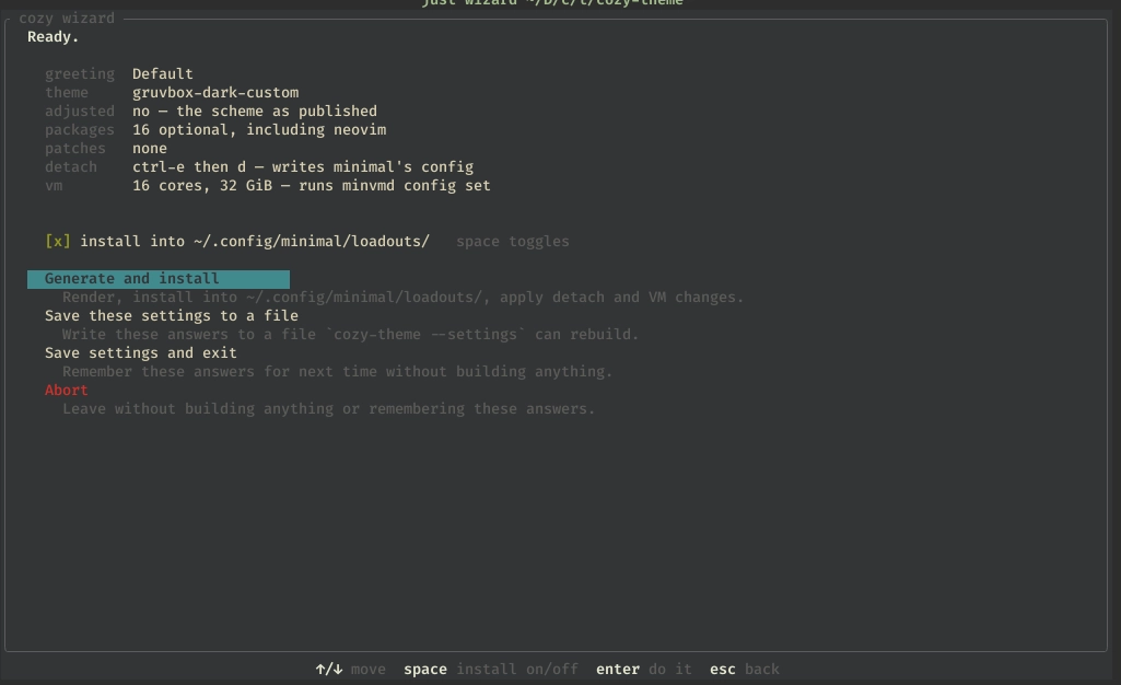 The cozy wizard's final step: a summary of the chosen theme, packages, and patches, with options to generate and install, save the settings to a file, or abort.