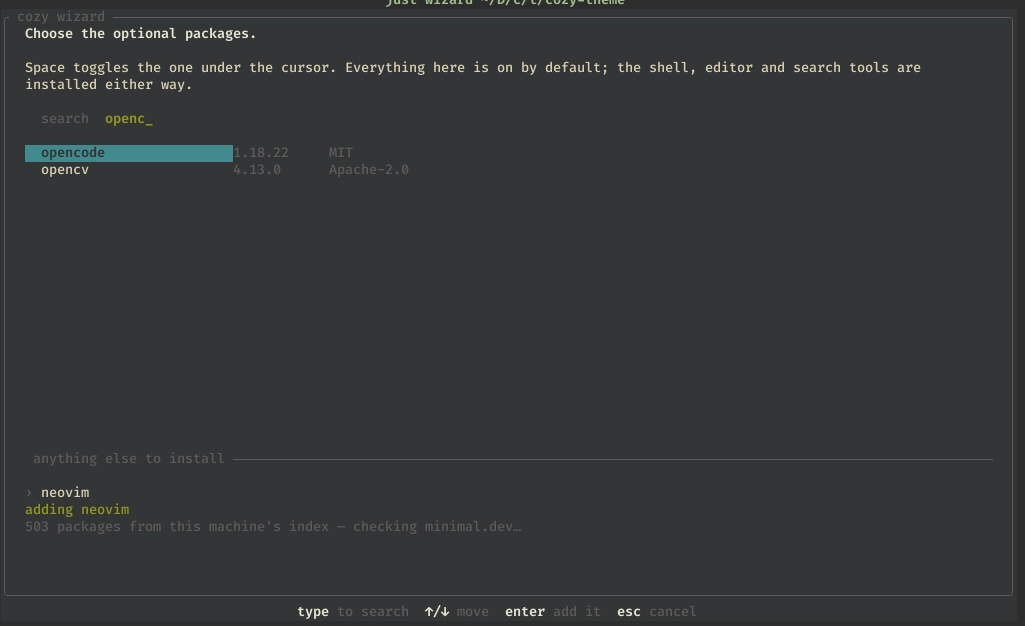 The cozy wizard's package step: optional packages with a search box adding neovim from the Minimal package index.