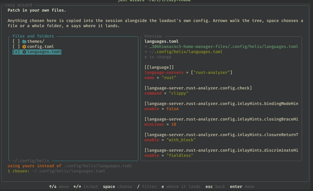 The cozy wizard previewing a chosen helix languages.toml before copying it into the session.