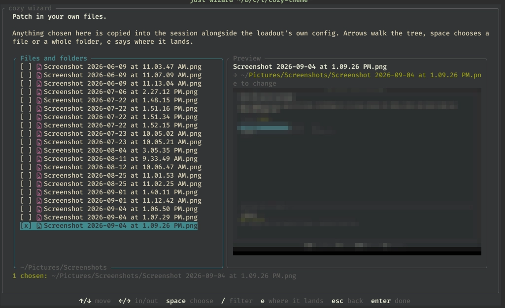 The cozy wizard's file picker walking a Screenshots folder, with one file chosen and its destination in the session shown.