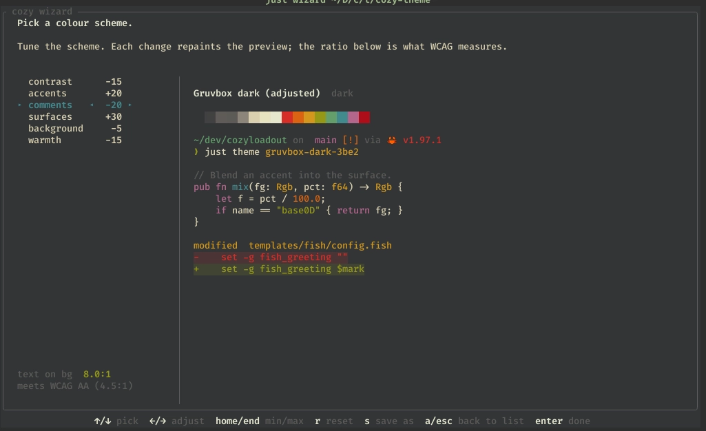 The cozy wizard's scheme adjuster: sliders for contrast, accents, comments, surfaces, background, and warmth, with the WCAG contrast ratio shown.