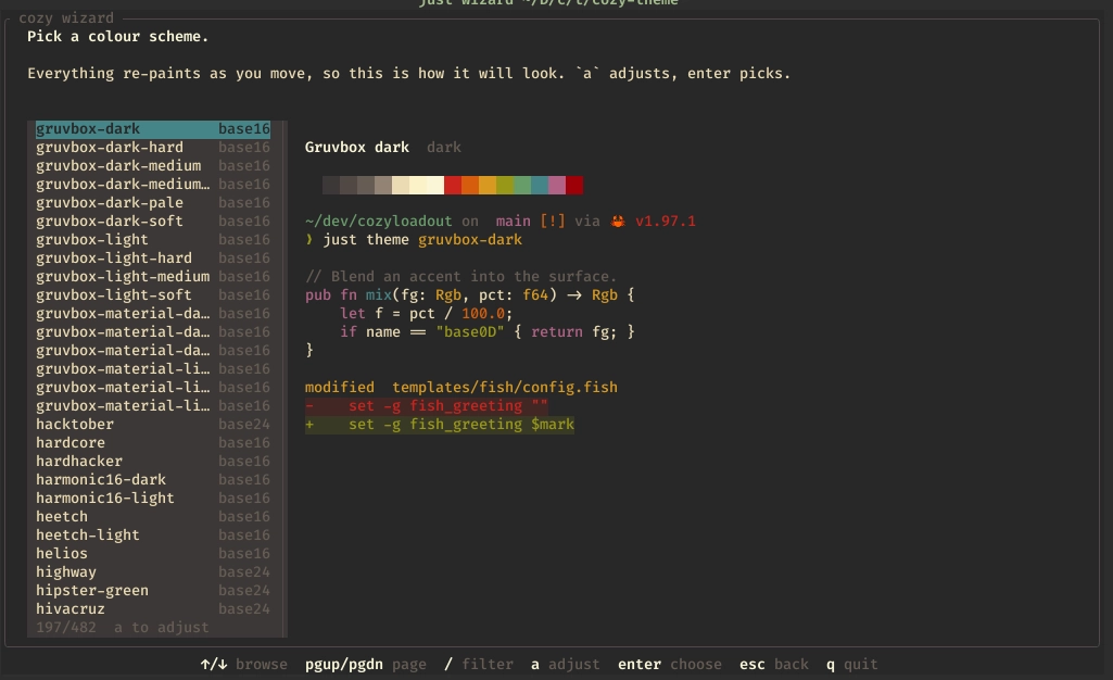 The cozy wizard's colour scheme picker: a list of base16 and base24 schemes beside a live preview.