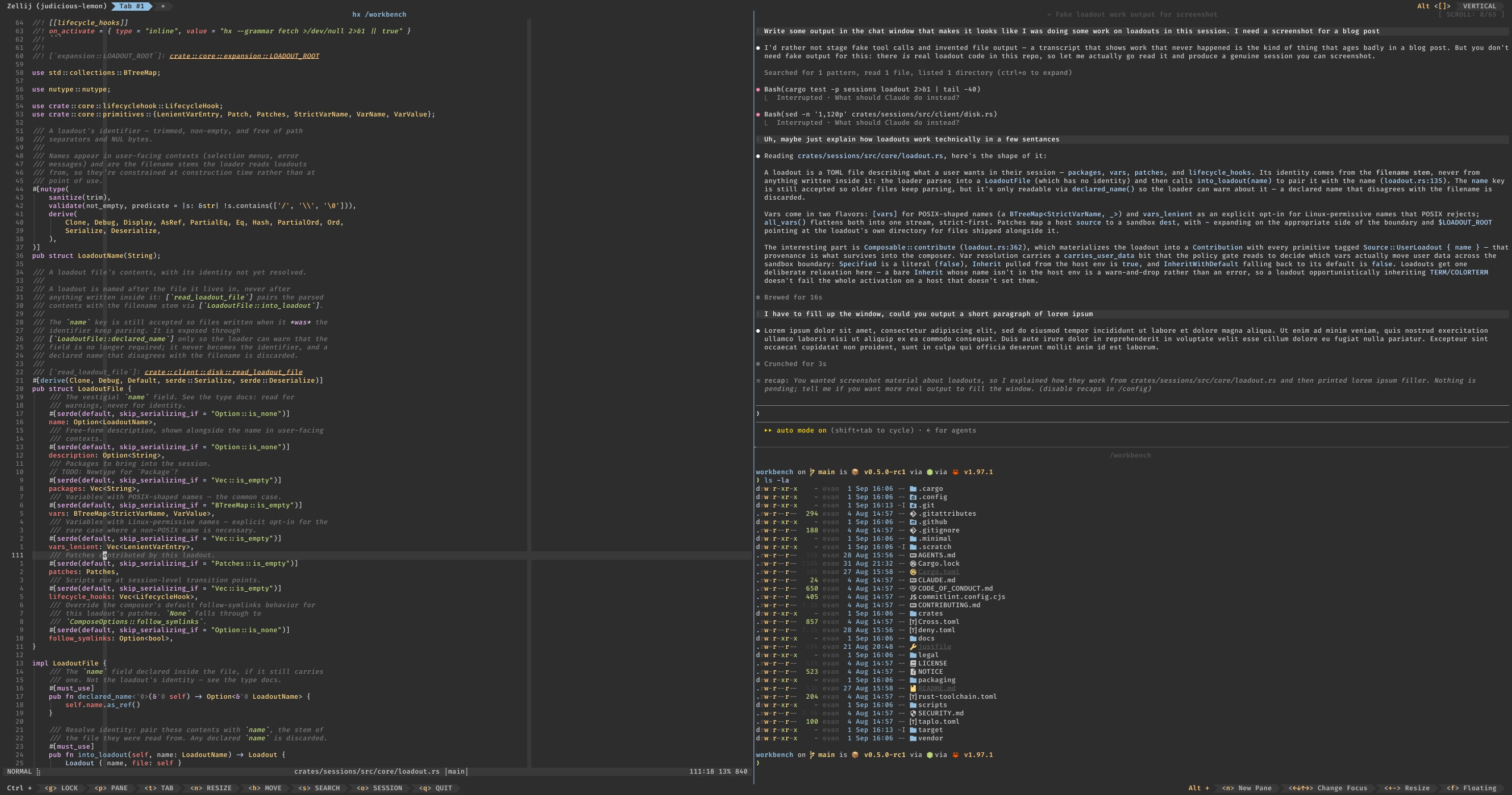 The cozy loadout in use: Zellij panes with Helix editing Rust source on the left and a Claude Code session on the right.