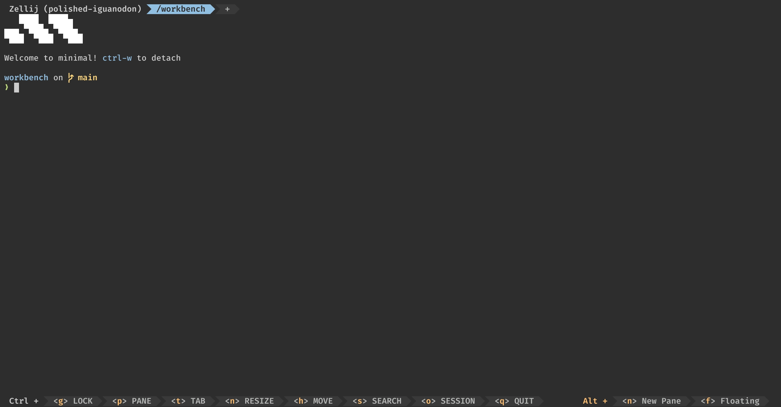 The same session started with the cozy loadout: Zellij with a fish prompt and a themed status bar.