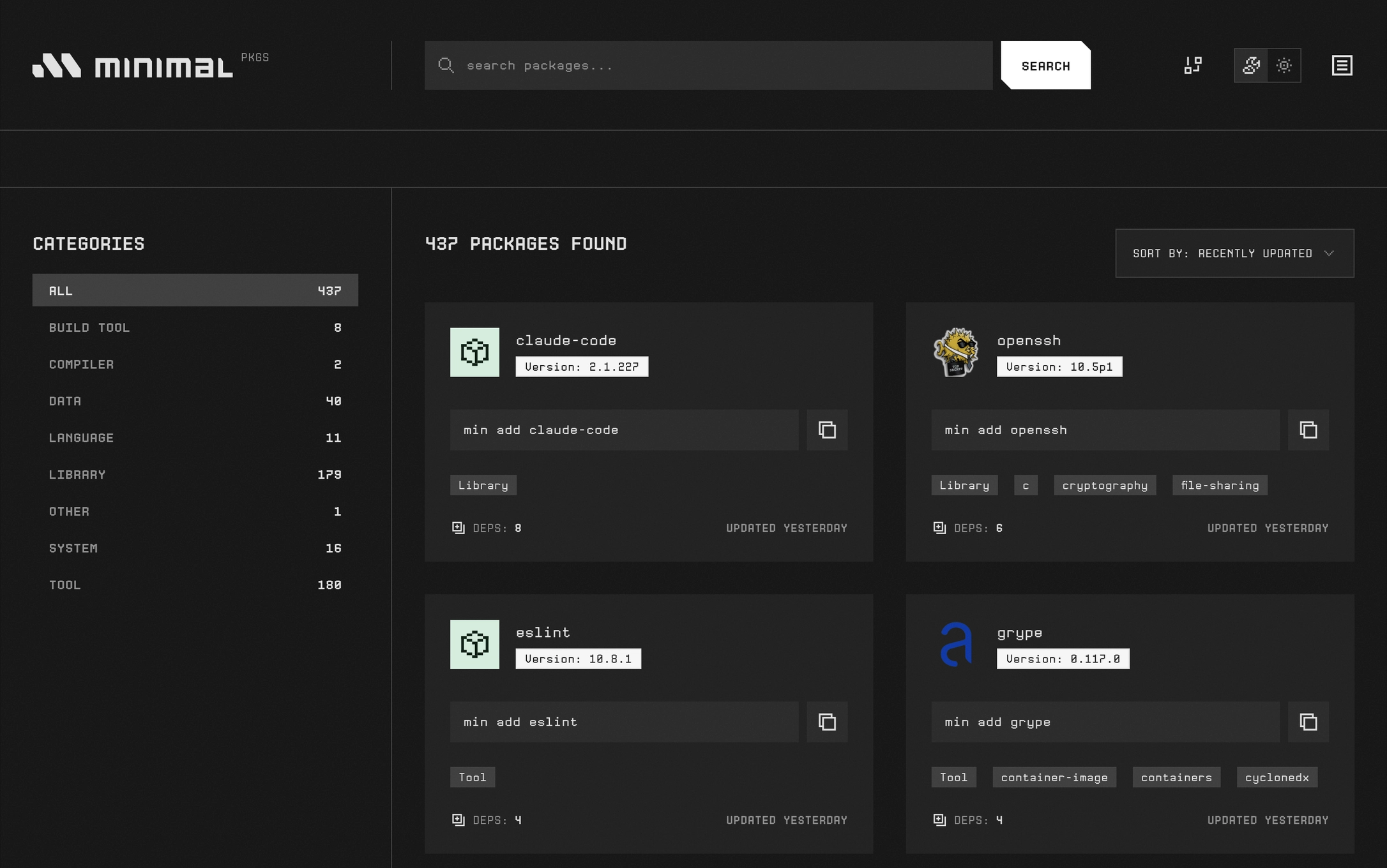 Minimal's package catalog at minimal.dev/pkgs, showing the category sidebar and package cards.