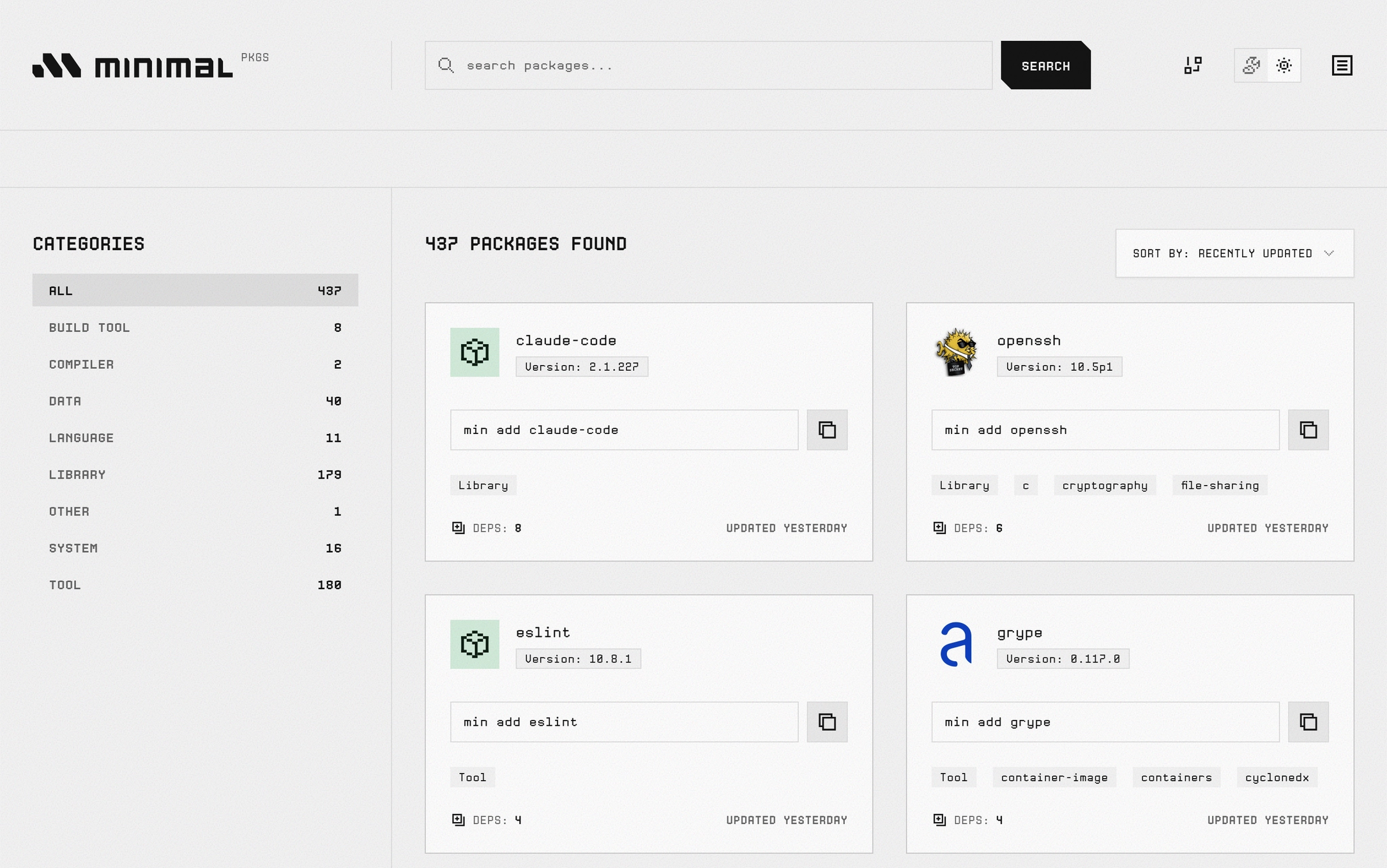 Minimal's package catalog at minimal.dev/pkgs, showing the category sidebar and package cards.