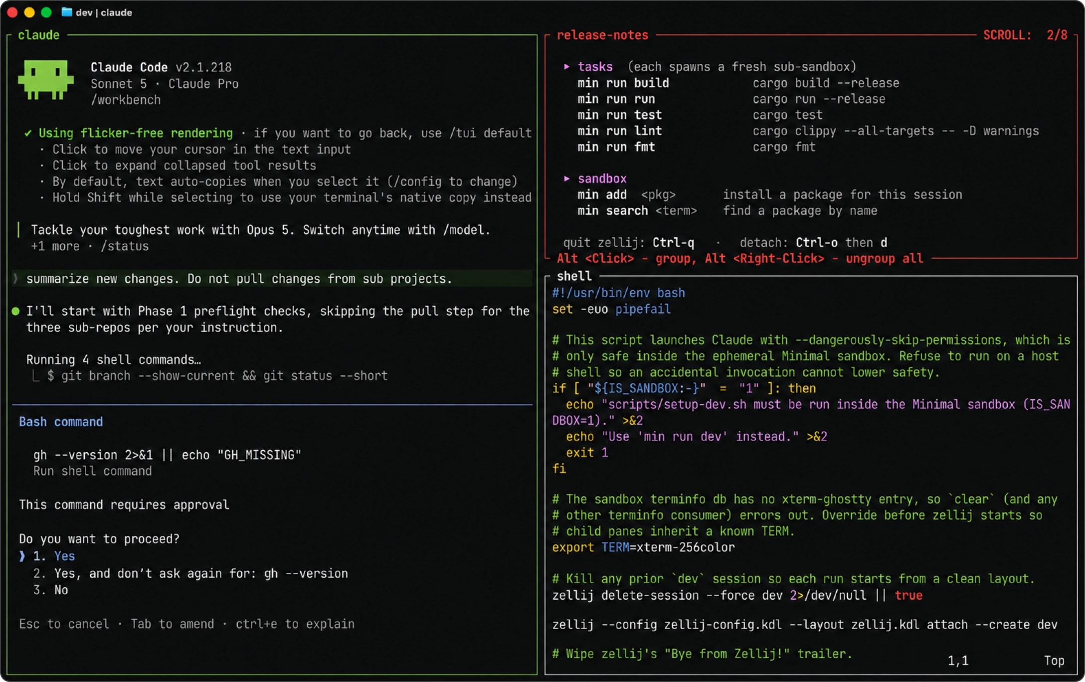 A Minimal Session preconfigured with Claude, a list of available commands, and the text editor Vim