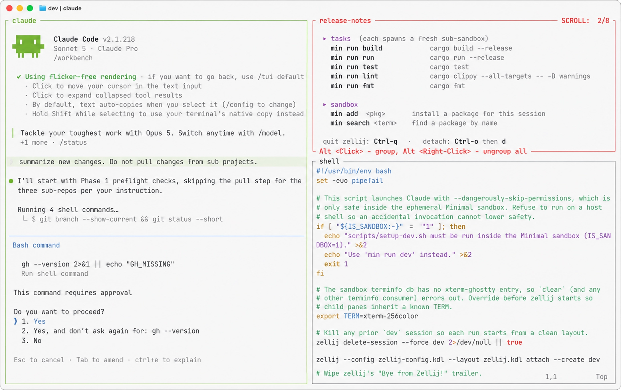 A Minimal Session preconfigured with Claude, a list of available commands, and the text editor Vim
